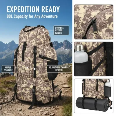 Sac à dos de randonnée 80 L marron camouflage – image 2
